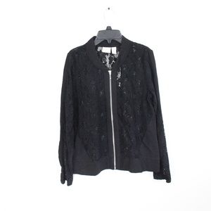 Women Black Bomber Jacket NEW Chicos' Lightweight Coat Sheer Lace Small 0
